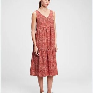 NWT Gap Women’s Midi Tiered V Neck Orange/White Print Pullover Dress Pockets Med